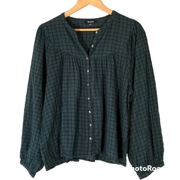 MADEWELL Tartan Plaid Button Up Peasant Blouse Balloon Sleeves XL - Picture 4 of 10